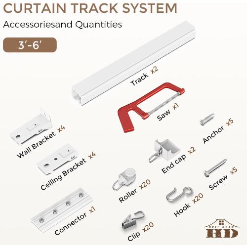 Ceiling Curtain Track 3–6 ft White - Heavy Duty Ceiling/Wall Mount Curtain Rail/Rod System, 20 Quiet-Glide Rollers, 20 Hooks, 20 Clips, Room Divider for Living Room, Bathroom or Hospital