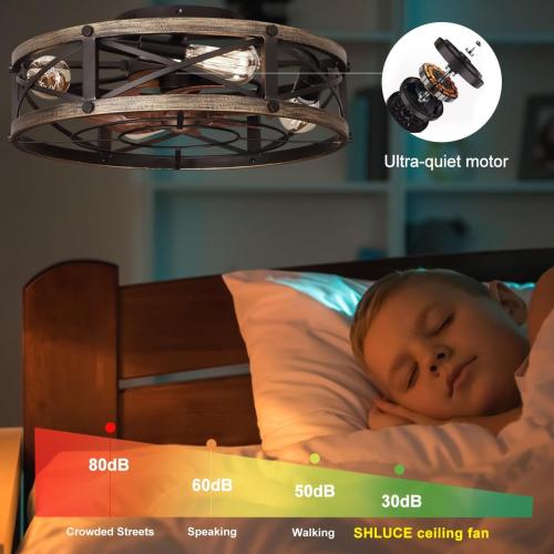 19 Farmhouse Flush Mount Caged Ceiling Fans with Lights, 6 Speeds, Rustic Low Profile Ceiling Fan with Light and Remote, Small Bladeless Ceiling Fans with Lights for Kitchen, Bedroom - ETL