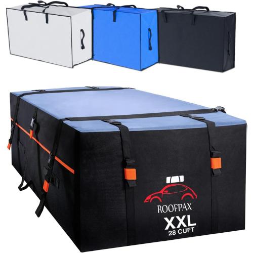 RoofPax XXL 28 cuft Car Rooftop Cargo Carrier Bag Extra Waterproof Car Roof Storage with 10 Heavy Duty Tie Down Straps and 4 Hooks Roof Bag Cargo Carrier for Top of Vehicle with/Without Rack