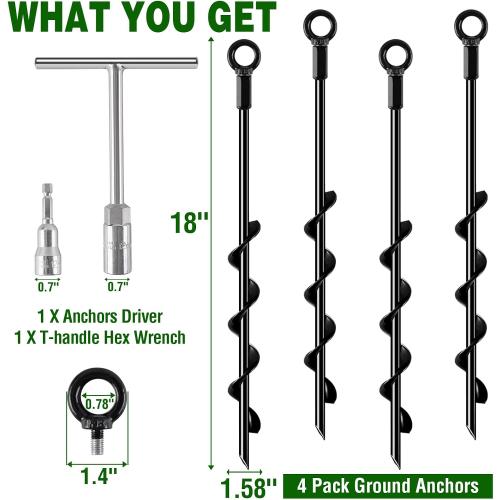 Fabulas Ground Anchors Screw in, 18 Inch 4 Pack Spiral Swing Set Trampoline Earth Anchor Heavy Duty Metal Auger Stakes Kit for Shed Tent Tree Dog High Wind Carports Camping Mobile Home Greenhouse