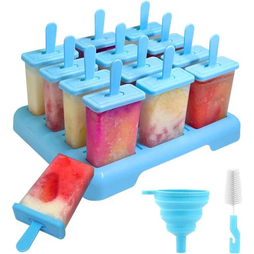 12 Cavities Popsicles Molds, Popsicle Molds with Built-in Popsicle Stick | Alinana Without BPA DIY Popsicle Molds with Cleaning Brush and Funnel