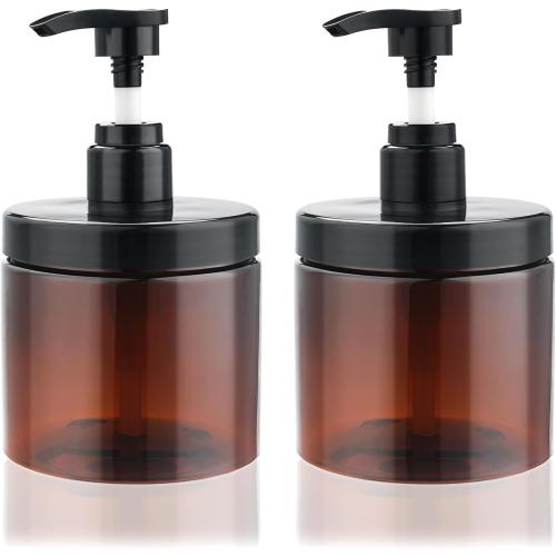 Cosywell Pump Bottle Dispenser Shampoo and Conditioner Dispenser 2 Pack 16.9oz/500ml Wide Mouth Hand Soap Dispenser Refillable Plastic Empty Liquid Container for Lotion Body Wash(Brown)
