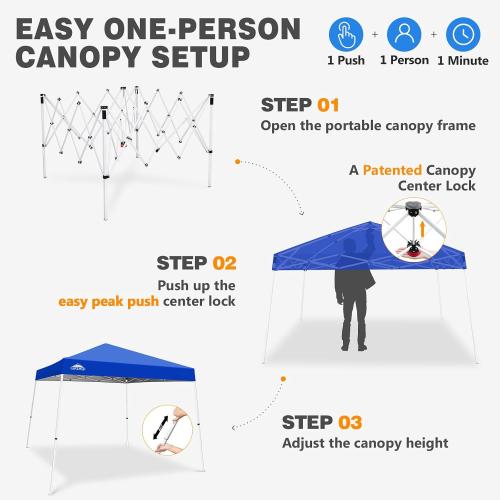 EAGLE PEAK 10x10 Slant Leg Pop Up Canopy Tent, Blue | PeakPush™ Center Lock, Easy 1 Person Setup Pop Up Tent, Portable Sports & Camping Shelter, 10x10 Base 8x8 Top, Carry Bag