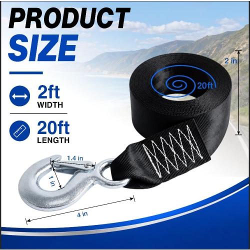Boat Trailer Winch Strap with Hook 2 x 20', Heavy Duty Tow Straps