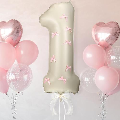 Number 1 Pink Bow 1st Birthday Balloon, 32 Inch Giant Aluminum Foil Number 1 Cream White Balloon Coquette Party Decoration for Christmas Girl Boy Birthday Baby Shower Anniversary Party Gifts