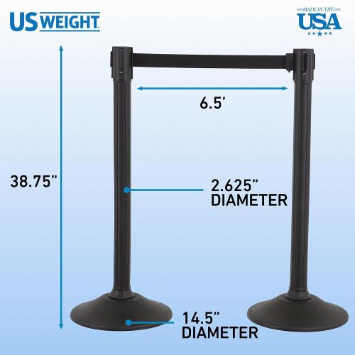 US Weight Sentry Stanchion with Retractable Belt, Easy Connect Assembly, Black, 6.5' Belt (2 Pack)