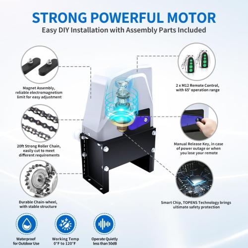 TOPENS CK1100 Automatic Sliding Gate Opener Chain Drive Electric Gate Motor for Heavy Driveway Slide Gate Up to 2800 Pounds, Security Gate Operator AC Powered with 20ft Roller Chain and Remote Control