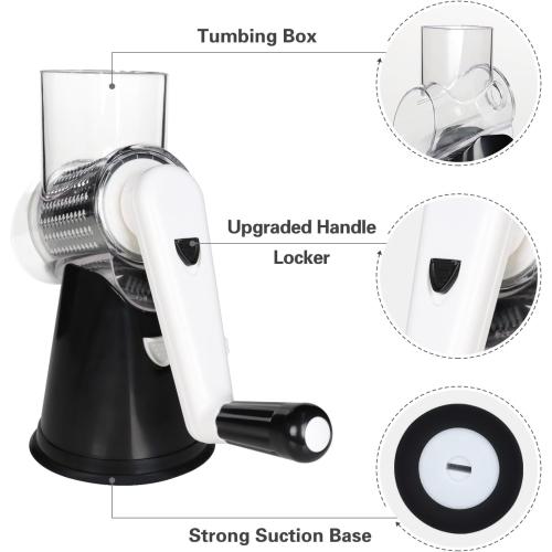 Cambom Rotary Cheese Grater Hand Crank Cheese Shredder for Fresh Cheese, Vegetable, Nuts,Non-slip Suction Base, Free Cleaning Brush Three Blades, Black