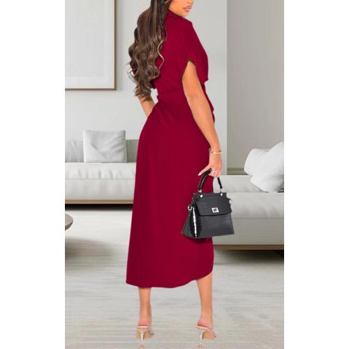 Size L YouSexy Women's Casual Satin Button Down Shirt Dress Short Sleeve Ruched Maxi Dresses with Belt