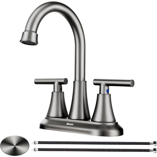 Gold 4 Inch Bathroom Faucets for Sink 3 Hole, Faucet for Bathroom Sink with Pop-up Drain & Supply Hoses, 2-Handle 360 Swivel Spout Stainless Steel Lead-Free, Centerset Faucet for Vanity Lavatory