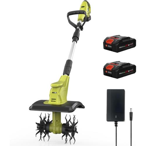 Green 20V Cordless Tiller Cultivator with 48 Steel Tines, 9-inch Wide Battery Powered Garden Cultivator, Mini Tiller for Lawn/Gardening/Soil Cultivation(2*2Ah Battery and Fast Charger Included)