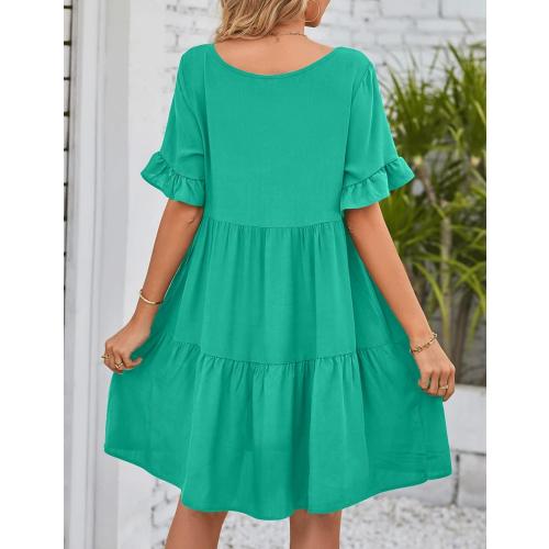 Size XXL AHAIJ Womens 2023 Summer Casual V Neck Babydoll Dress Short Sleeve Tiered Ruffle Pockets Plain Flowy Swing Mini Dress