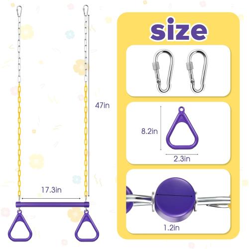 LadyRosian 17 Trapeze Bar Swing Set Gym Rings 47 Heavy Duty Chain Swing Set Accessories with Locking Carabiners Plastic Coated Chains Monkey Bars for Backyard, Playroom (Purple)