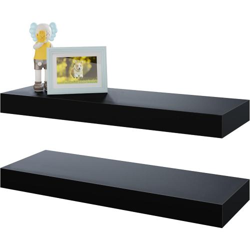 BAMEOS Floating Shelves, Black Wall Mounted Wooden Shelves with Invisible Brackets Set of 2, Hanging Wall Shelves Decoration for Bedroom, Bathroom, Living Room and Kitchen