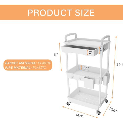 White 3 Tier Rolling Utility Cart with Drawer,REBECAT Utility Cart Made of Multifunctional Storage Organizer Tool for Kitchen,Bathroom,Living Room,Office(White)