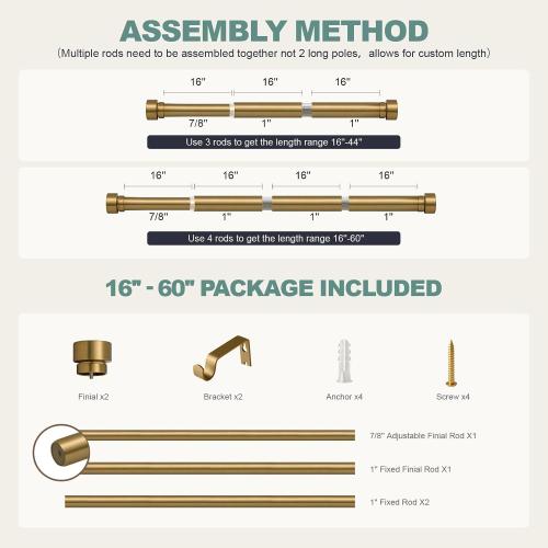 Warm Gold Curtain Rods for Windows 28 to 48 Inches Adjustable Length Heavy Duty 1 Diameter Brass Window Curtain Rod with Solid Metal Finials for Outdoor Farmhouse Bedroom Kitchen Living Room