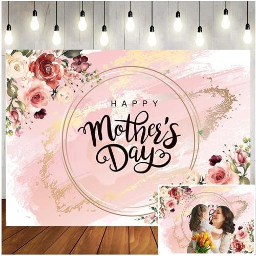 8x6ft Happy Mother's Day Photography Backdrop Mothers Day Gold and Pink Flowers Backdrop Mom's Day Photo Backdrop Mother's Day Party Decoratios Studio Props 176