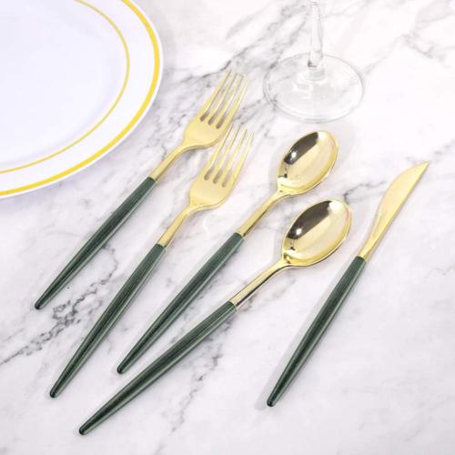 Supernal 180pcs Gold and Green Plastic Silverware Extra Heavy Duty Gold Plastic Cutlery with Green Glitter Handle Disposable Flatware for Parties, Weddings, and Outdoor Events