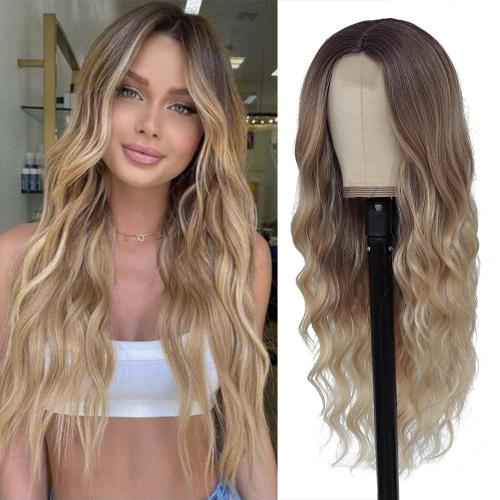 Size 26 Color dirty blond Long Ombre Blonde Wigs for Women 26 inch Long Wavy Middle Part Wig Ombre Blonde Wigs Upgraded Protein Fiber Hair Replacement Wig Cosplay Costume Halloween Wig(26'' Brown Ombre Blonde)