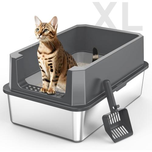 Stainless Steel Litter Box, Extra Large Litter Boxes for Big Cats, XLarge Metal Cat Litter Box with Lid, Anti-Urine Leakage XL Box with High Sides, Easy Clean, Non-Sticky, Scoop Included