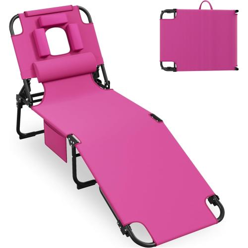 400lbs Tanning Chair with Face Hole, 5-Position Folding Chaise Lounge Chair with Side Pockets, Portable Beach Lounge Chair for Outdoor Sunbathing Patio Pool Lawn, Pink