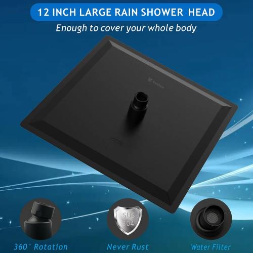 Voolan Rain Shower Head - High Flow Large Rainfall Shower Heads Made of Stainless Steel - Waterfall Bathroom Square Showerhead - Ceiling or Wall Mount (12 Black)