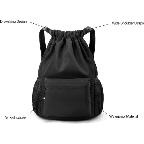 LOKAPEGY Black Drawstring Backpack for Women, Waterproof Drawstring Gym Bag for Men, Cinch Sack for Basketball, Pull String Sport Bag for Soccer.