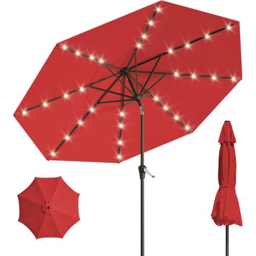 9FT Solar Umbrella 32 LED Lighted Patio Umbrella Table Market Umbrella w/Tilt and Crank, UV-Resistant Outdoor Umbrella for Pool, Garden, Deck, Red
