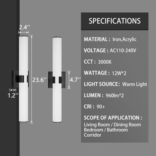 2 Packs Black Wall Sconces, L 23.6 Dimming Wall Light 12W LED Vanity Lighting Fixtures Hardwired Wall Light for Bathroom Dining Living Bedroom Hallway, 2700K Warm Light Horizontal / Vertical Mount