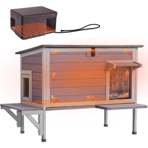 Color Grey  Heated Cat House for Outside Outdoor Cat House Insulated Weatherproof Feral Cat Shelter with Heater and Insulated Liner