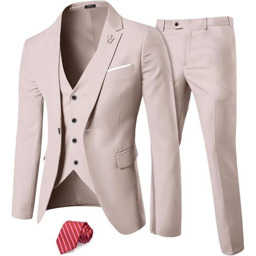 SIZE L  Men's 3 Piece Solid Suit Set, One Button Slim Fit Jacket Vest Pants