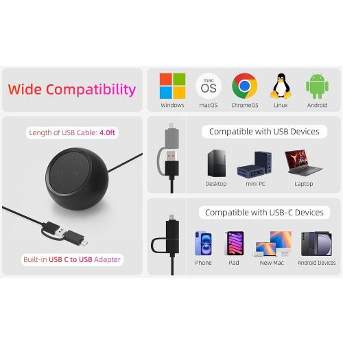 [Single] Computer Speaker for Desktop PC, USB-Powered, Plug-n-Play, Wired, External Speaker for Laptop, with Crystal-Clear Sound, Loud Volume, Rich Bass, Built-in USB-C Adapter for Full Compatibility