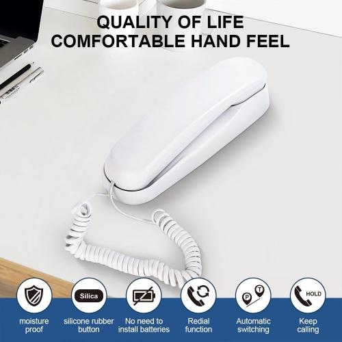 White OF-990 Slimline Wall-Mountable Basic Corded Telephone No AC Power Required