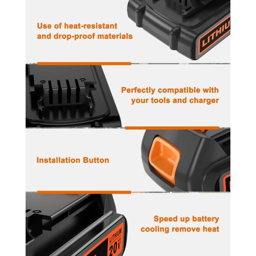 20 Volt MAX 2.0Ah Lithium Replacement for Black and Decker Battery LBXR20 LBX20 LB20 LB2X4020 Compatible with 20V Black and Decker Power  Tools and All Power Lithium Ion Battery 2000mAh