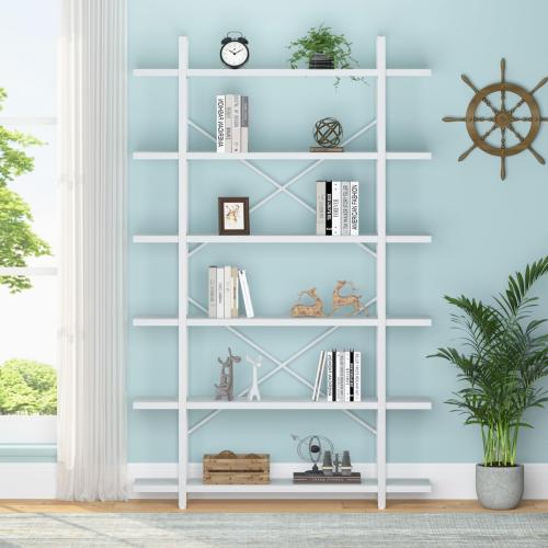 6 Tier Tall White Bookshelf, Industrial Modern Vertical Metal and Wood White Bookcases 6 Shelf,Farmhouse Open Large Storage Book Shelves & Display Book Shelf for Bedroom Living Room Office