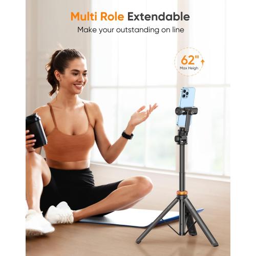 EUCOS 62 Phone Tripod, Tripod for iPhone & Selfie Stick with Remote, Extendable Cell Phone Stand & Ultimate Phone Holder, Solidest Phone Stand Compatible with iPhone/Android
