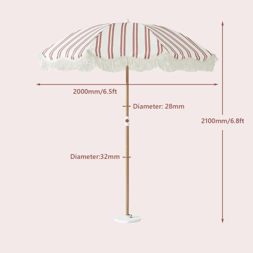 Striped 6.5FT Striped Beach Umbrella with Fringe, UPF 50  Sun Protection, Adjustable Height and Tilt Design, Wind-Resistant Fiberglass Ribs, Sturdy Wood Grain Iron Pole, Lightweight & Portable with Carry Bag, Base Not Included