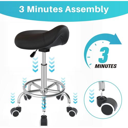 YEEZEE Saddle Stool Ergonomic- Comfortable Rolling Saddle Stool with Wide Thick Saddle Seat Padding, Swivel Adjustable Saddle Chair with Wheels and Ring Pedal for Medical Massage Salon (Dark Black)