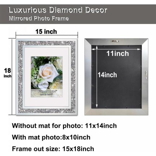 Crushed Diamond Wedding Mirror Photo Frame, Crystal Silver Glass Picture Frame For Photograph Size 11x14 inch With Mat for 8x10 inch, Pack of 2 Pieces Wall Frame. Bling Sparkle Diamond Home Decor.