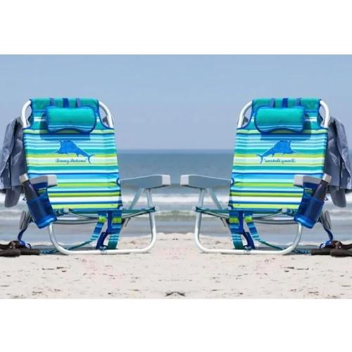 Tommy Bahama 5 Position Beach Chair, Towel Bar, Pillow for Extra Comfort, Heavy-Duty Weight Capacity,Safety Locking Hinges on Rear Legs, 2-Pack (Aqua Stripes)