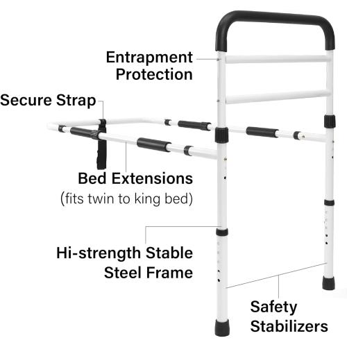 FSA/HSA Eligible, Vaunn Medical New Adjustable Bed Assist Rail Handle (Passed ASTM F3186–17 Safety Standard) and Hand Guard Grab Bar, Bedside Safety and Stability (Tool-Free Assembly), White/Black