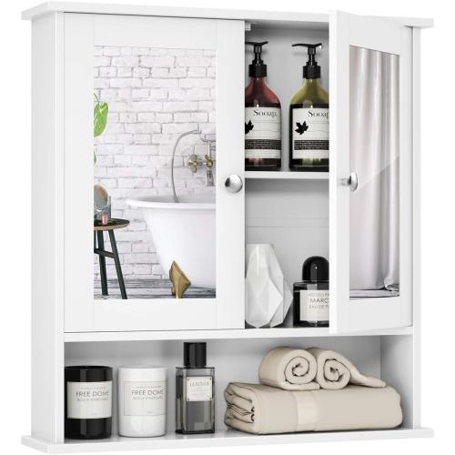 Bathroom Medicine Cabinet with Mirror, Wall Mounted Wooden Hanging Organizer with Doors and Shelves, Bathroom Wall Mirror Cabinet (Mirror Doors, White)