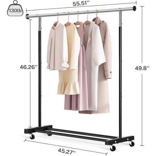 Clothing Rack, 55.51 Inch Heavy Duty Clothes Rack Rolling Garment Rack with Wheels and Bottom Shelf, 130LB Capacity Clothes Racks for Hanging Clothes, Coats, Shirts, Sweaters, Skirts, Black