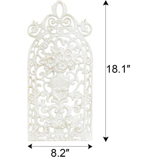Sungmor Vintage Cast Iron Wall Plaque - Antique Style Carved Artwork, Decorative Metal Art Panel - Intricate Scroll and Floral Vase Design - Rustic Home & Garden Décor - 18 x 8, White