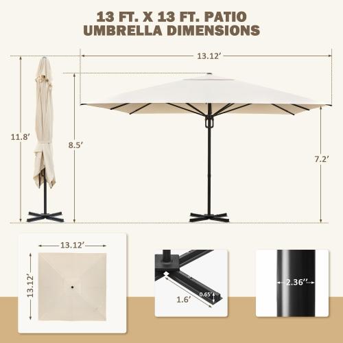 EROMMY Large Patio Umbrellas with Base, 13' x 13' Aluminum Outdoor Umbrella, Rectangle Patio Umbrella for Pool, Garden and Deck, Beige