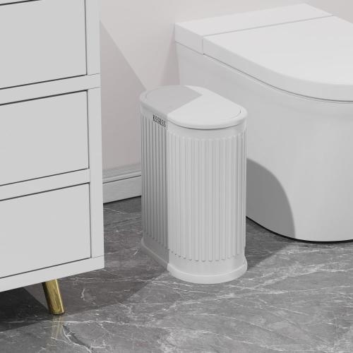 1.8 Gallons Small White Bathroom Trash Can with Lid, Slim Bathroom Garbage Bin, Removable Liner Bucket, Dog Proof Trash Can with Pop-Up Lid for Bedroom,Toilet