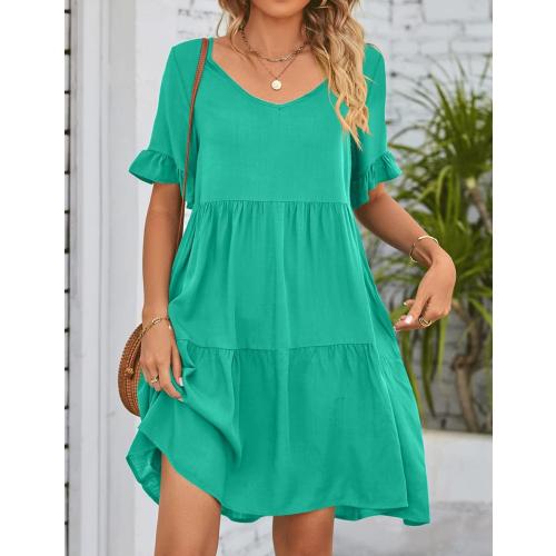 Size XXL AHAIJ Womens 2023 Summer Casual V Neck Babydoll Dress Short Sleeve Tiered Ruffle Pockets Plain Flowy Swing Mini Dress