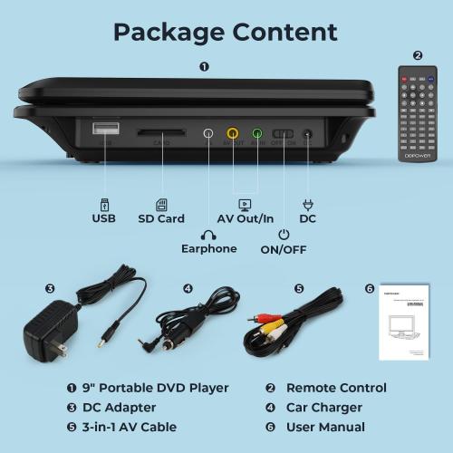 DBPOWER 11.5 Portable DVD Player, 5-Hour Built-in Rechargeable Battery, 9 Swivel Screen, Support CD/DVD/SD Card/USB, Remote Control, 1.8 Meter Car Charger, Power Adaptor and Car Headrest (Black)
