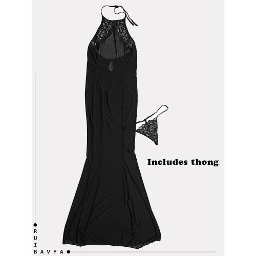 size M- Sexy Night Gowns for Women Lace Hanging Neck Lingerie Sheer Dress Long Nightgown Mesh Sleeveless Nightgowns Black