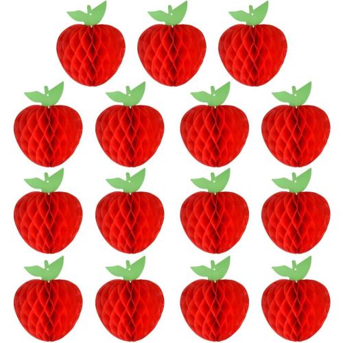 FEPITO 15 Pack 7 Inch Apple Tissue Honeycomb Hanging Red Paper Apple Decorations Fruit Decoration for Back to School, Baby Shower